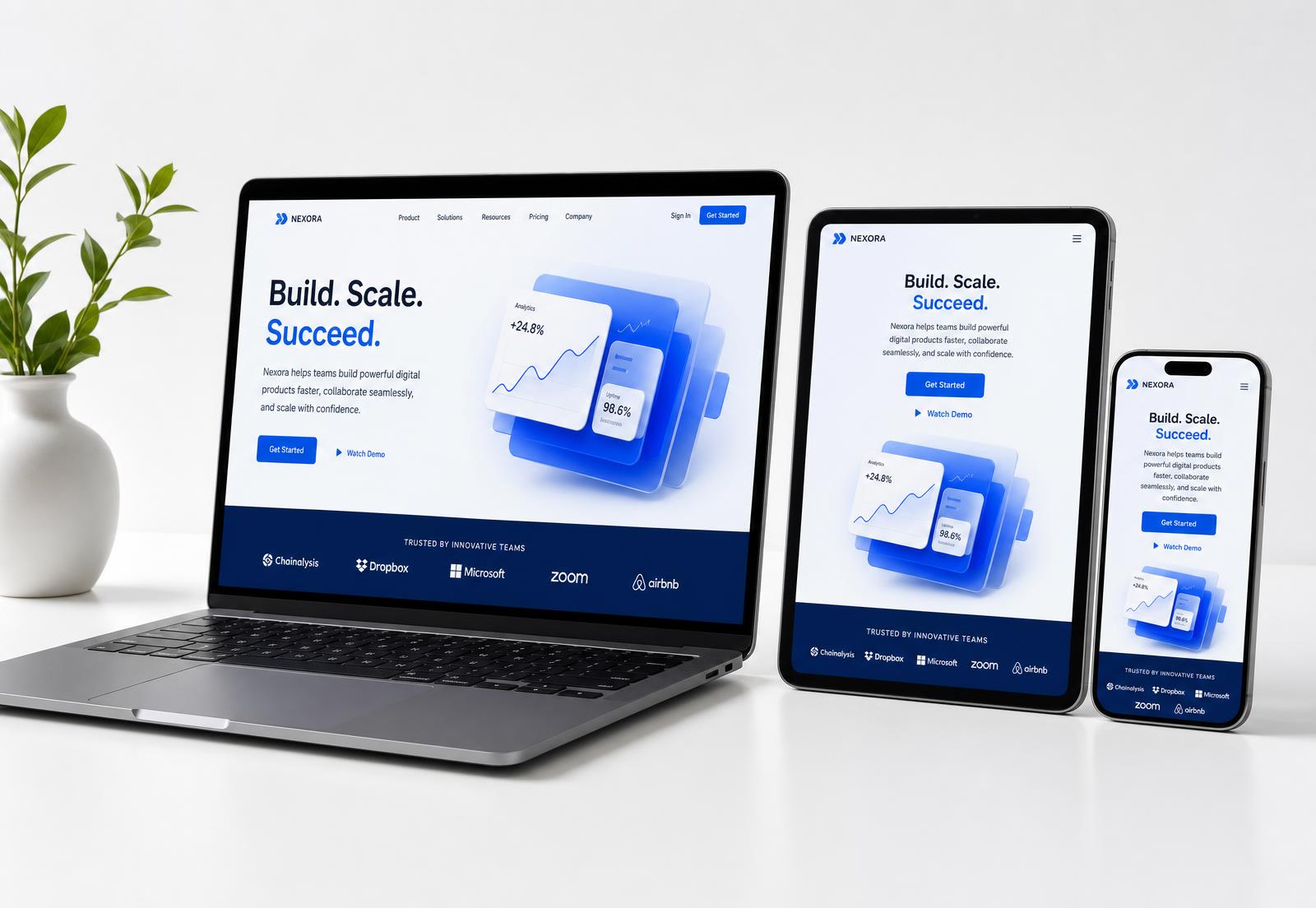 Landing page profissional exibida em notebook, tablet e smartphone
