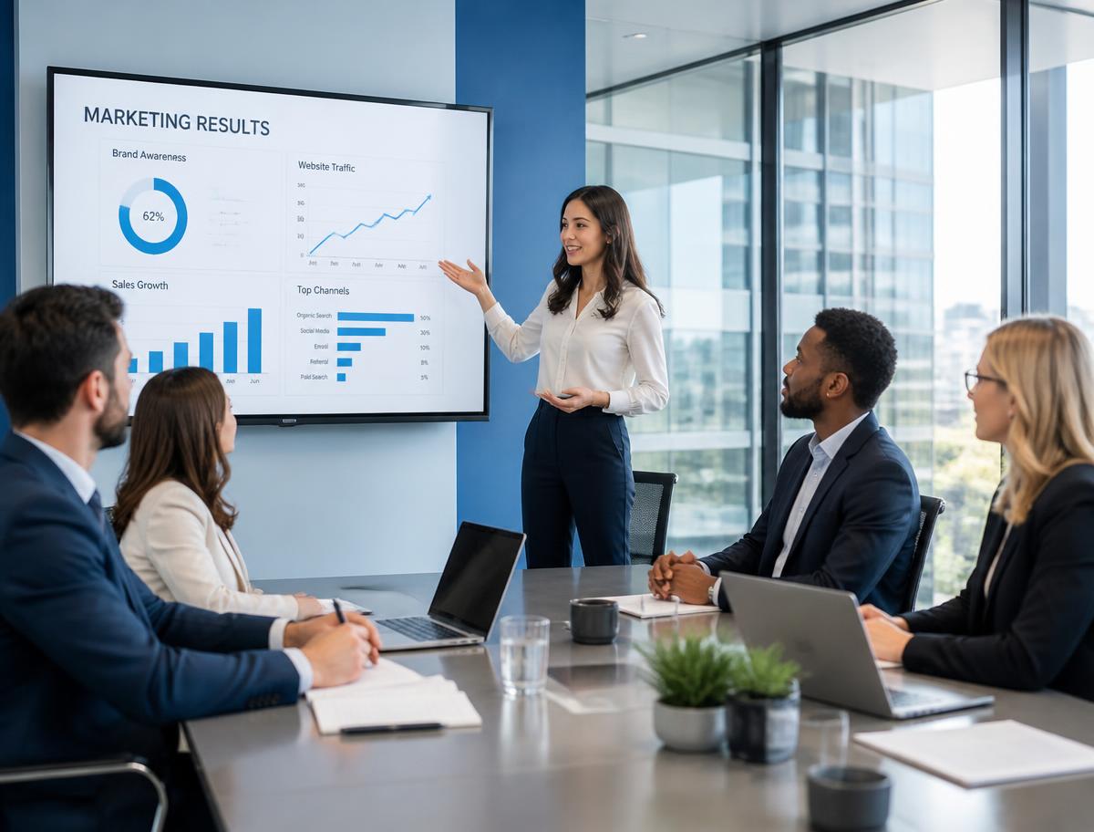 Equipe de negócios analisando resultados de marketing digital em reunião